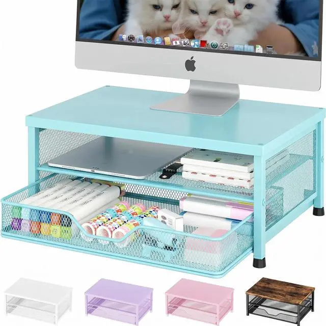 Main image of Computer Monitor Stand Riser, Desk Organizer with Drawer, Printer & Laptop Stand, Office Desk Accessories & Workspace Desktop Organizers Storage for Office Supplies(Blue)