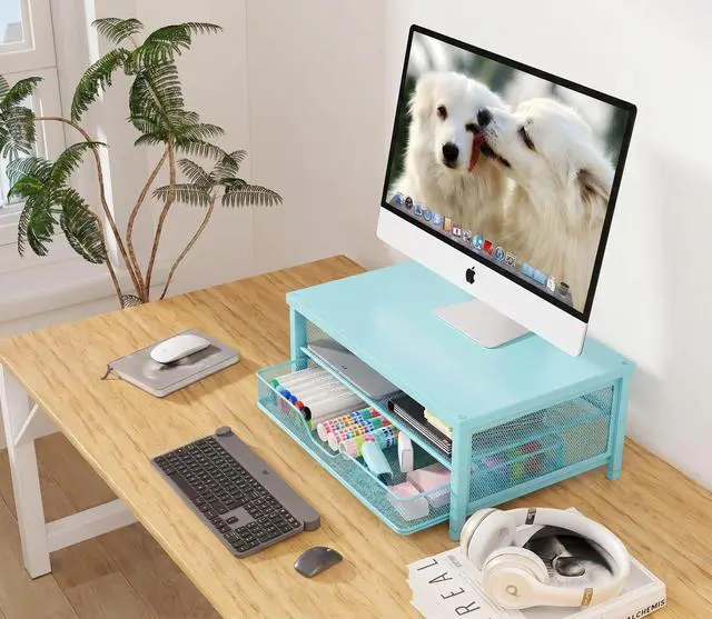 Alt view image 4 of 7 - Computer Monitor Stand Riser, Desk Organizer with Drawer, Printer & Laptop Stand, Office Desk Accessories & Workspace Desktop Organizers Storage for Office Supplies(Blue)