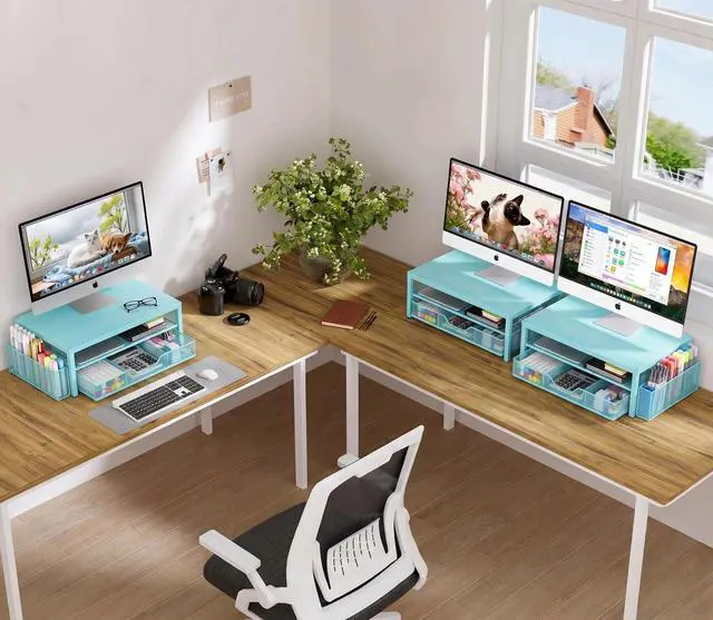 Alt view image 6 of 7 - Computer Monitor Stand Riser, Desk Organizer with Drawer, Printer & Laptop Stand, Office Desk Accessories & Workspace Desktop Organizers Storage for Office Supplies(Blue)