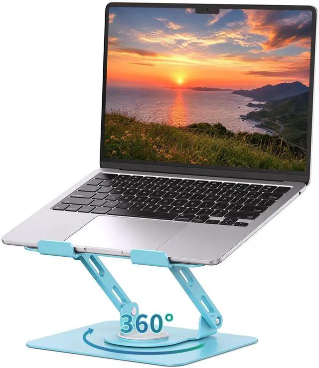 Main image of 360 Rotating Laptop Stand, Ergonomic Computer Riser for Desk, Adjustable Height Multi-Angle Metal Holder, Foldable Portable Notebook Elevating Base for Office & Home, Blue