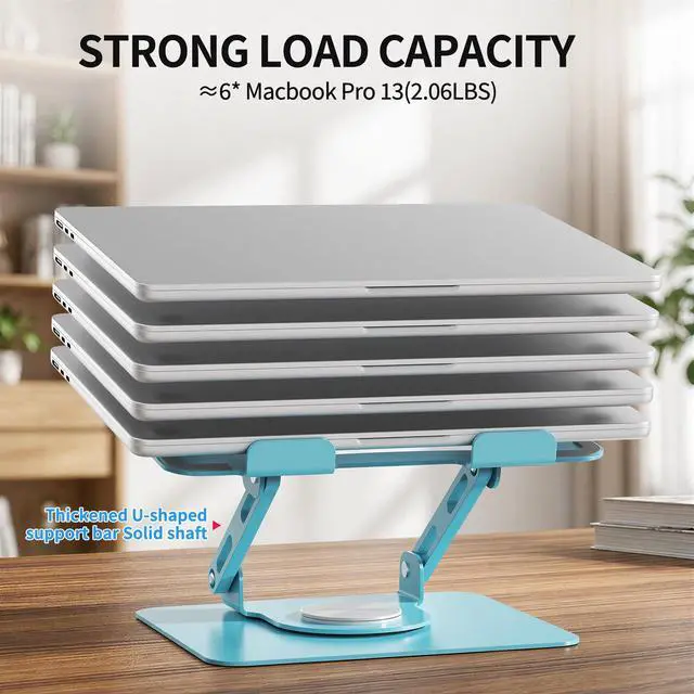 Alt view image 4 of 7 - 360 Rotating Laptop Stand, Ergonomic Computer Riser for Desk, Adjustable Height Multi-Angle Metal Holder, Foldable Portable Notebook Elevating Base for Office & Home, Blue