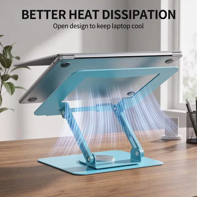 Alt view image 5 of 7 - 360 Rotating Laptop Stand, Ergonomic Computer Riser for Desk, Adjustable Height Multi-Angle Metal Holder, Foldable Portable Notebook Elevating Base for Office & Home, Blue