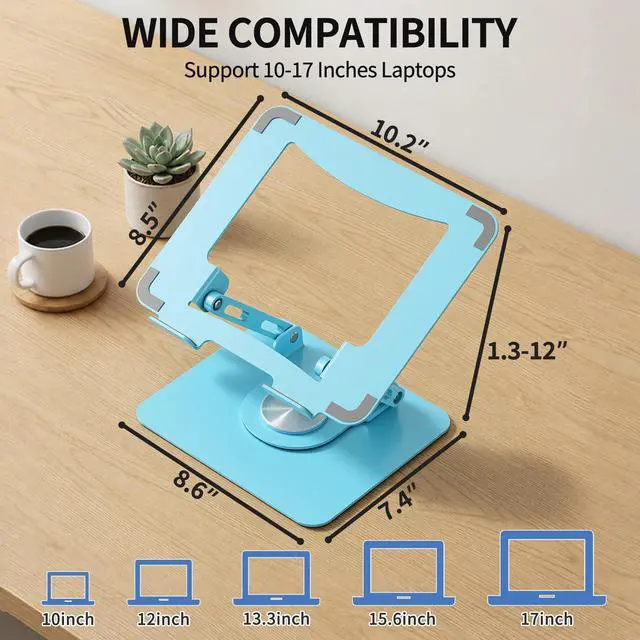 Alt view image 6 of 7 - 360 Rotating Laptop Stand, Ergonomic Computer Riser for Desk, Adjustable Height Multi-Angle Metal Holder, Foldable Portable Notebook Elevating Base for Office & Home, Blue