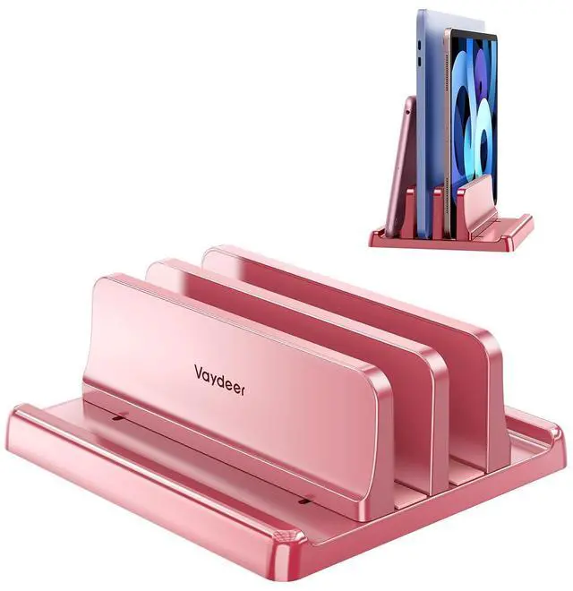 Main image of Vertical Laptop Stand for Desk, Dual Slots Plastic Laptop Holder with Space Saving 4-in-1 Design, Adjustable Laptop Stand Supports MacBook, Chromebook, Surface, Dell (Pink Rose)