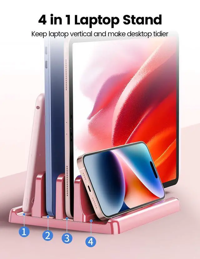 Alt view image 2 of 7 - Vertical Laptop Stand for Desk, Dual Slots Plastic Laptop Holder with Space Saving 4-in-1 Design, Adjustable Laptop Stand Supports MacBook, Chromebook, Surface, Dell (Pink Rose)