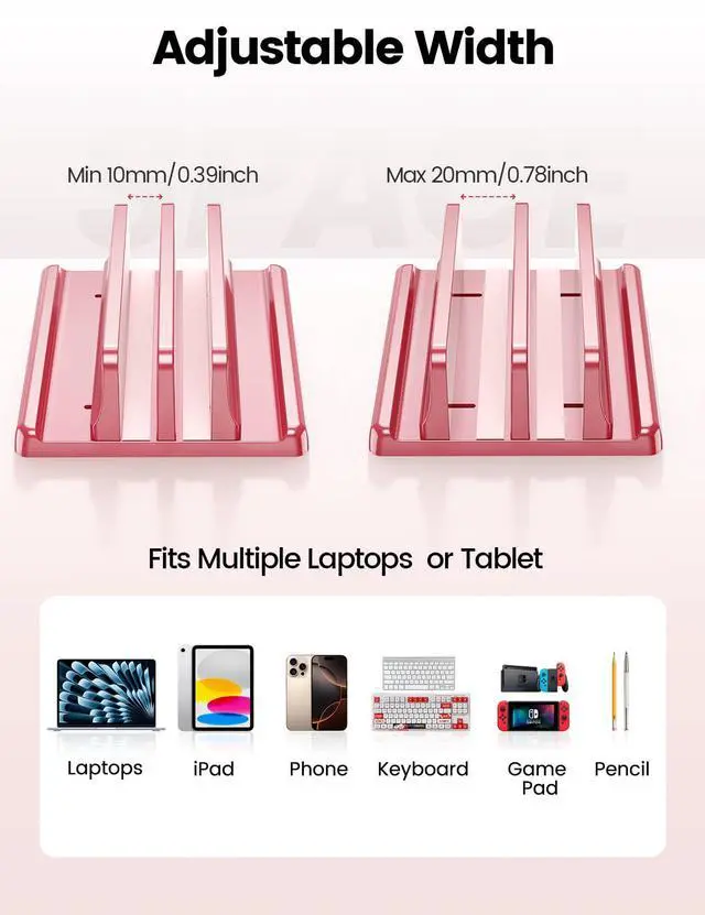 Alt view image 5 of 7 - Vertical Laptop Stand for Desk, Dual Slots Plastic Laptop Holder with Space Saving 4-in-1 Design, Adjustable Laptop Stand Supports MacBook, Chromebook, Surface, Dell (Pink Rose)