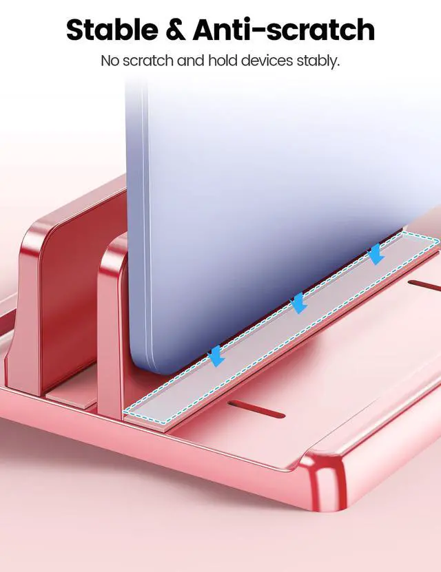 Alt view image 3 of 7 - Vertical Laptop Stand for Desk, Dual Slots Plastic Laptop Holder with Space Saving 4-in-1 Design, Adjustable Laptop Stand Supports MacBook, Chromebook, Surface, Dell (Pink Rose)