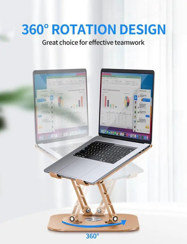 Alt view image 2 of 6 - Adjustable Laptop Stand with 360 Rotating Base, Computer Stand for Laptop Ergonimic Foldable Laptop Riser for Desk Compatible with MacBook Pro/Air Notebook up to 16 Inches, Gold
