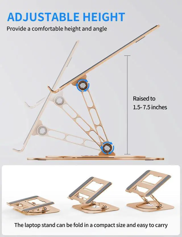 Alt view image 3 of 6 - Adjustable Laptop Stand with 360 Rotating Base, Computer Stand for Laptop Ergonimic Foldable Laptop Riser for Desk Compatible with MacBook Pro/Air Notebook up to 16 Inches, Gold