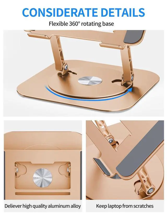 Alt view image 4 of 6 - Adjustable Laptop Stand with 360 Rotating Base, Computer Stand for Laptop Ergonimic Foldable Laptop Riser for Desk Compatible with MacBook Pro/Air Notebook up to 16 Inches, Gold