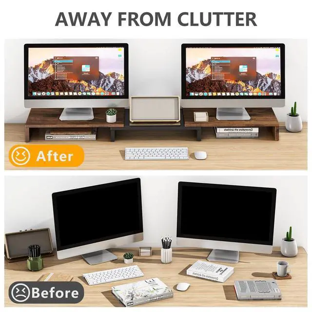 Alt view image 2 of 7 - Dual Monitor Stand Riser, Wooden Computer Monitor Stand for 2 Monitors