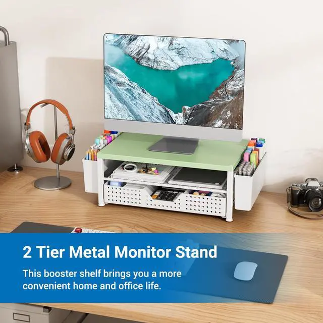 Alt view image 2 of 7 - Wood Metal Monitor Stand Riser, Laptop Stand for Desk, Office Desk Organizer and Accessories, Computer Desktop Shelf with Drawer and Pen Holder, Printer Stand for Home, Office, Dorm (Green Wood)