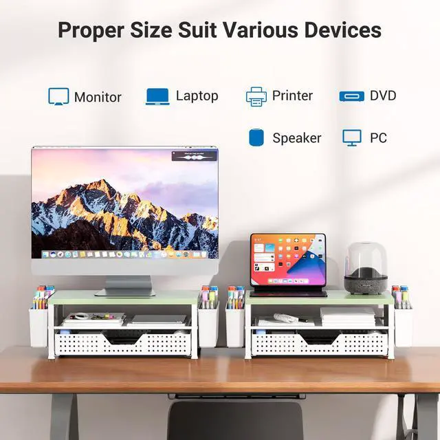 Alt view image 3 of 7 - Wood Metal Monitor Stand Riser, Laptop Stand for Desk, Office Desk Organizer and Accessories, Computer Desktop Shelf with Drawer and Pen Holder, Printer Stand for Home, Office, Dorm (Green Wood)