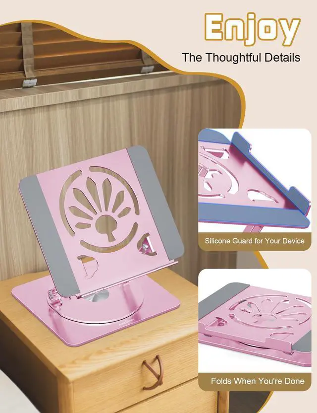 Alt view image 3 of 6 - Adjustable Laptop Stand for Desk-360° Rotating Foldable Laptop Holder Ergonomic Laptop Riser for MacBook Pro/Air Dell HP Lenovo Notebook up to 16",Pink