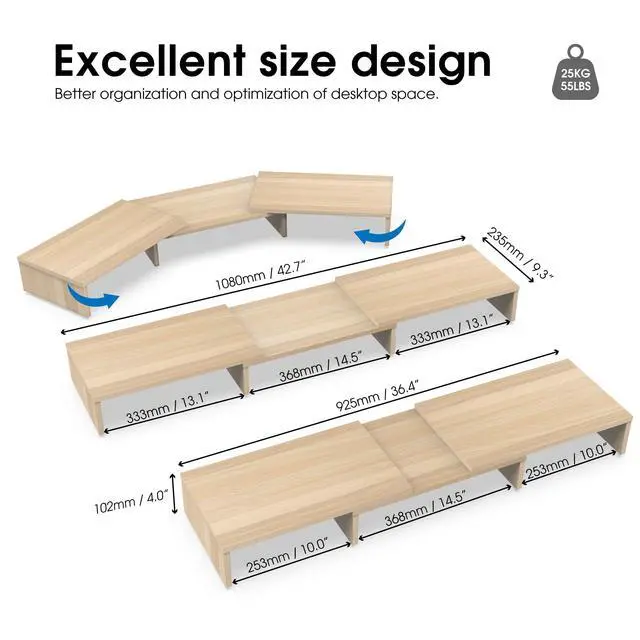 Alt view image 3 of 7 - Dual Monitor Stand Riser, Adjustable Length and Angle, Oak