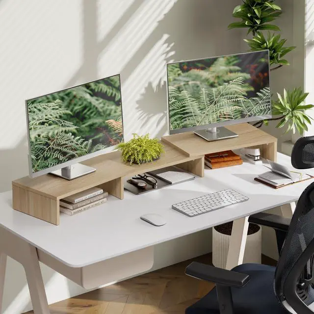 Alt view image 7 of 7 - Dual Monitor Stand Riser, Adjustable Length and Angle, Oak