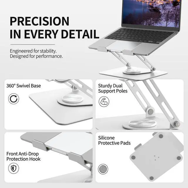 Alt view image 4 of 7 - Laptop Stand for Desk with 360° Rotating Base, Multi-Angle Adjustable Laptop Stands, Foldable Laptop Riser Compatible with 10 to 17 Inches PC Computer, White