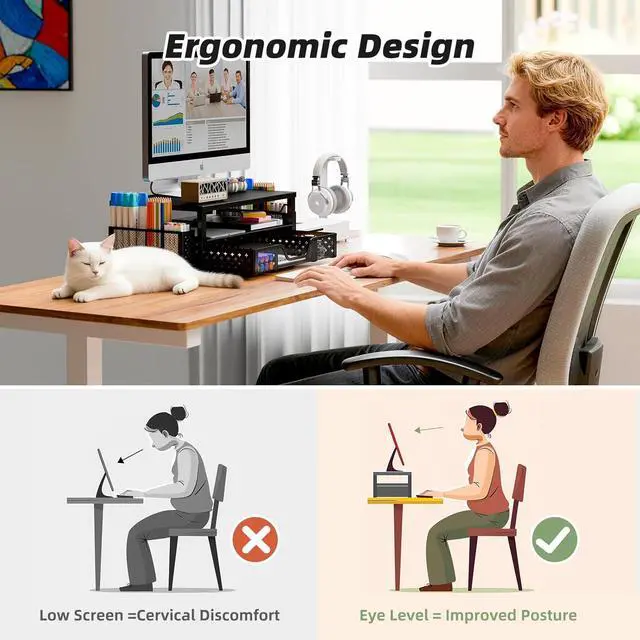 Alt view image 5 of 7 - 2-Tier Monitor Stand Riser, Desk Organizer, Drawer, Black