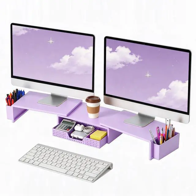 Main image of Dual Monitor Stand Riser with Drawer, Desk Organizer and Accessories, Monitor Stand for Desk, Desktop Stand for Computer, Laptop, TV and More (Purple)