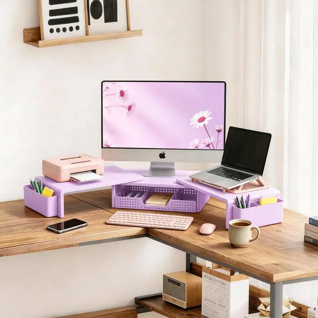 Alt view image 2 of 7 - Dual Monitor Stand Riser with Drawer, Desk Organizer and Accessories, Monitor Stand for Desk, Desktop Stand for Computer, Laptop, TV and More (Purple)