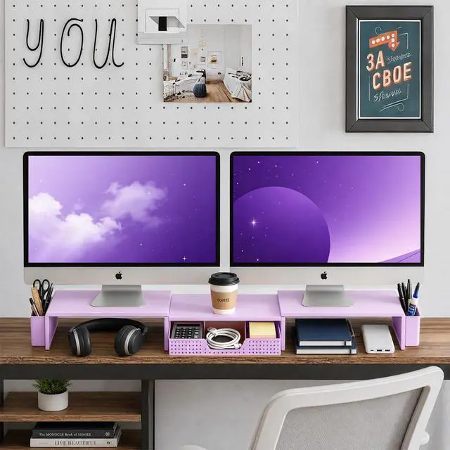 Alt view image 3 of 7 - Dual Monitor Stand Riser with Drawer, Desk Organizer and Accessories, Monitor Stand for Desk, Desktop Stand for Computer, Laptop, TV and More (Purple)