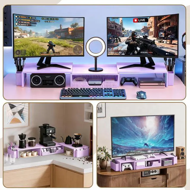 Alt view image 4 of 7 - Dual Monitor Stand Riser with Drawer, Desk Organizer and Accessories, Monitor Stand for Desk, Desktop Stand for Computer, Laptop, TV and More (Purple)