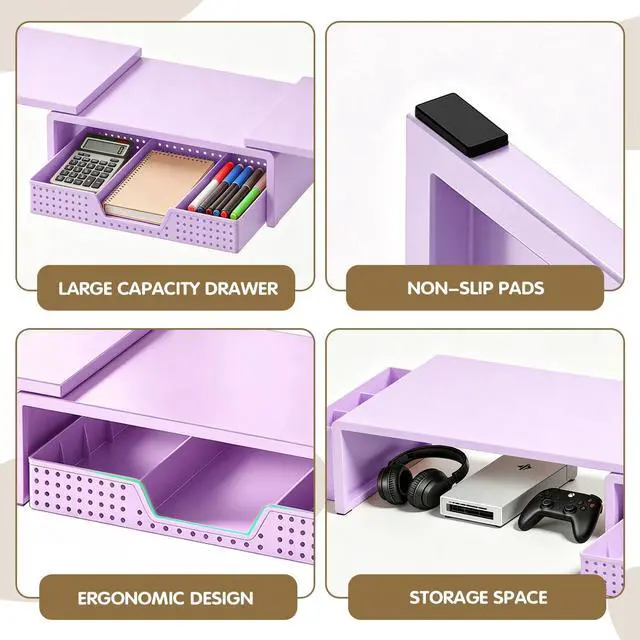 Alt view image 6 of 7 - Dual Monitor Stand Riser with Drawer, Desk Organizer and Accessories, Monitor Stand for Desk, Desktop Stand for Computer, Laptop, TV and More (Purple)