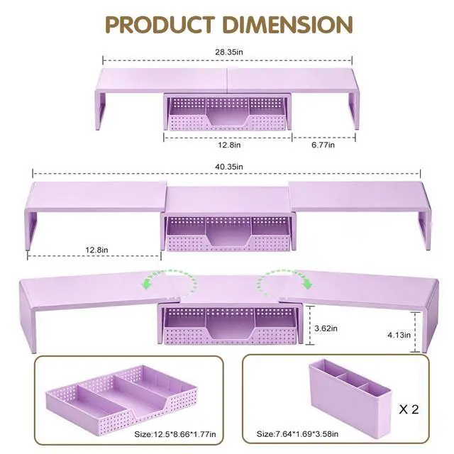 Alt view image 7 of 7 - Dual Monitor Stand Riser with Drawer, Desk Organizer and Accessories, Monitor Stand for Desk, Desktop Stand for Computer, Laptop, TV and More (Purple)