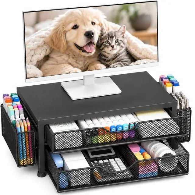 Main image of Desk Organizer and Accessories, 2-Tier Computer Monitor Stand Riser with Drawer and 2 Pen Holders, Laptop Stand, Office Desk Accessories for Office Supplies, 1 Pack, Black Double-Drawer