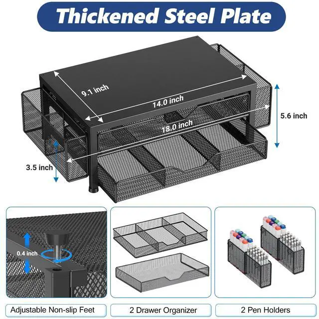 Alt view image 2 of 7 - Desk Organizer and Accessories, 2-Tier Computer Monitor Stand Riser with Drawer and 2 Pen Holders, Laptop Stand, Office Desk Accessories for Office Supplies, 1 Pack, Black Double-Drawer