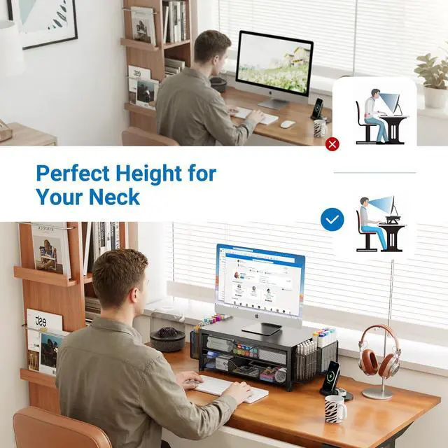 Alt view image 5 of 7 - Desk Organizer and Accessories, 2-Tier Computer Monitor Stand Riser with Drawer and 2 Pen Holders, Laptop Stand, Office Desk Accessories for Office Supplies, 1 Pack, Black Double-Drawer