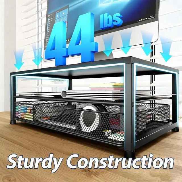 Alt view image 6 of 7 - Desk Organizer and Accessories, 2-Tier Computer Monitor Stand Riser with Drawer and 2 Pen Holders, Laptop Stand, Office Desk Accessories for Office Supplies, 1 Pack, Black Double-Drawer