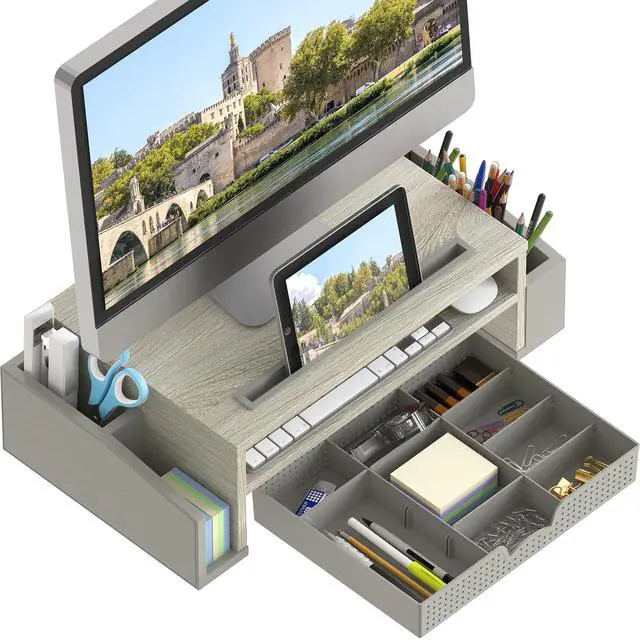 Alt view image 2 of 6 - Desk Monitor Stand Riser w/ Adjustable Tray, Maple