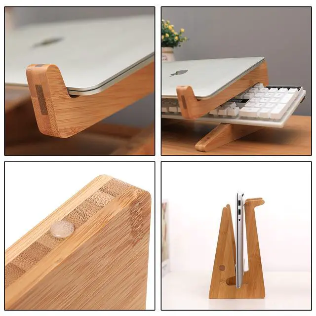Alt view image 3 of 7 - Nuvograin Laptop Stand, Wooden Vertical Laptop Stand for Desk, Bamboo Laptop Stand Compatible with MacBook Air Pro/Dell XPS/Surface pro/HP/Pixelbook/Lenovo, More Laptops 13-17.7inch