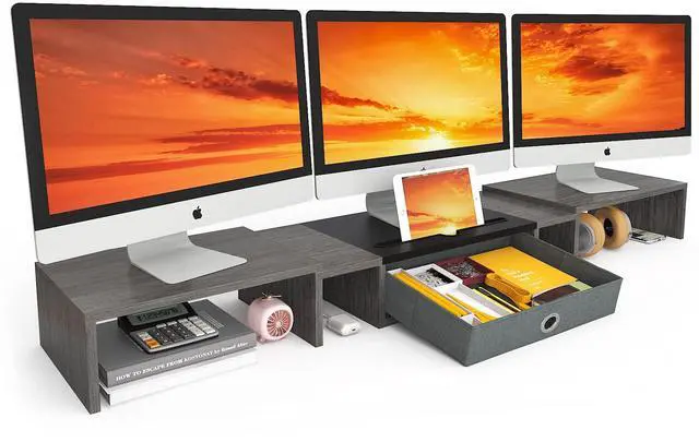 Main image of Triple Dual Monitor Stand Riser with Drawer,Extra Large Adjustable for 2~3 Monitors,Solt for Phone & Tablet, Desktop Organizer Stand for Computer,Laptop,Printer,TV
