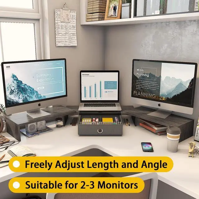 Alt view image 3 of 7 - Triple Dual Monitor Stand Riser with Drawer,Extra Large Adjustable for 2~3 Monitors,Solt for Phone & Tablet, Desktop Organizer Stand for Computer,Laptop,Printer,TV