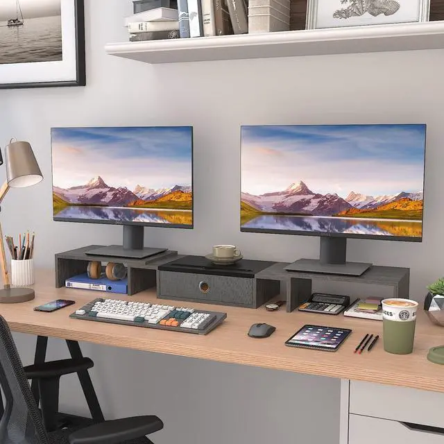 Alt view image 4 of 7 - Triple Dual Monitor Stand Riser with Drawer,Extra Large Adjustable for 2~3 Monitors,Solt for Phone & Tablet, Desktop Organizer Stand for Computer,Laptop,Printer,TV