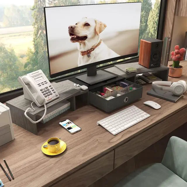 Alt view image 6 of 7 - Triple Dual Monitor Stand Riser with Drawer,Extra Large Adjustable for 2~3 Monitors,Solt for Phone & Tablet, Desktop Organizer Stand for Computer,Laptop,Printer,TV