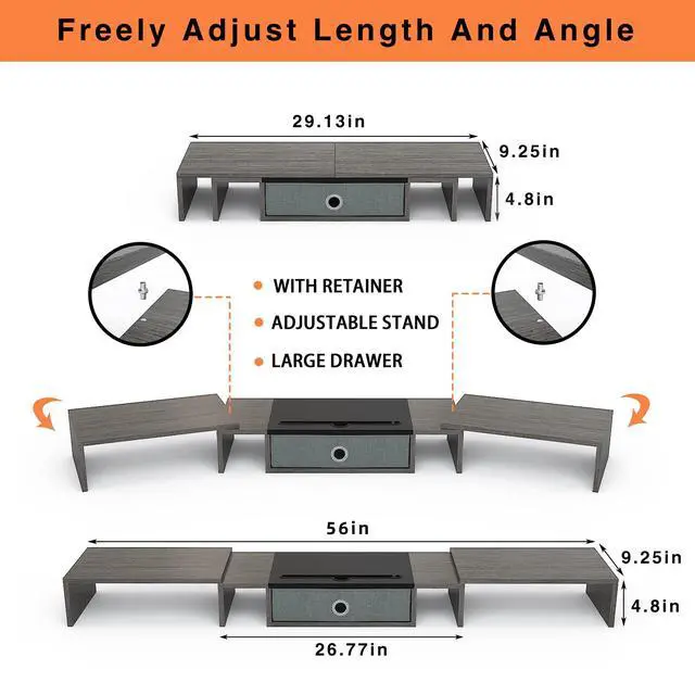 Alt view image 7 of 7 - Triple Dual Monitor Stand Riser with Drawer,Extra Large Adjustable for 2~3 Monitors,Solt for Phone & Tablet, Desktop Organizer Stand for Computer,Laptop,Printer,TV