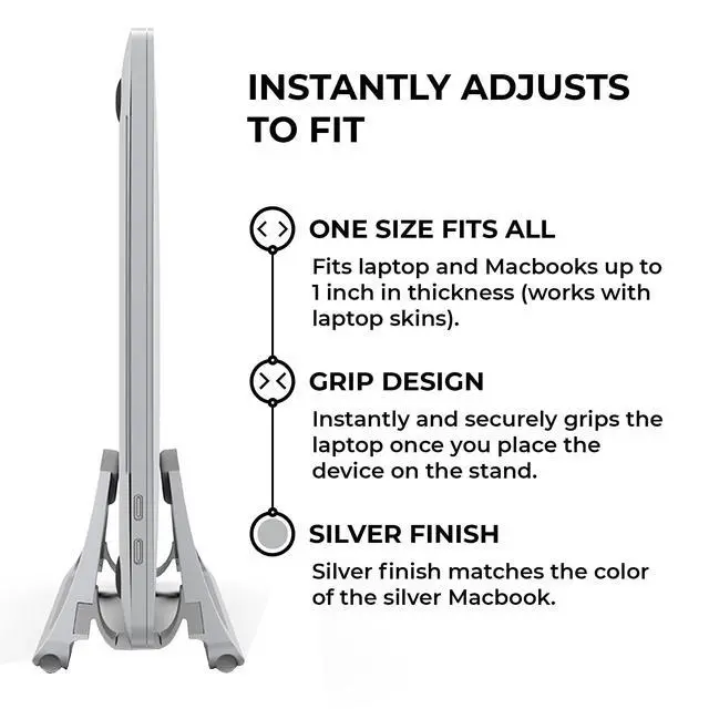 Alt view image 4 of 7 - Vertical Laptop Stand for Desks in Silver Color, Upright Adjustable Holder to Dock Apple MacBook Stand, and Other Laptops to Organize Work & Home Office, Automatic Grip