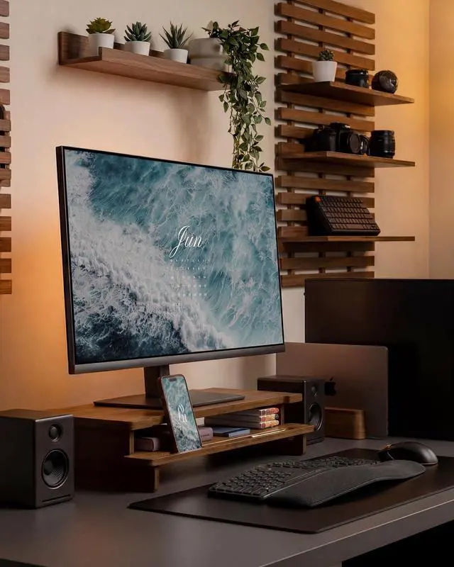 Alt view image 2 of 6 - 23 Monitor Stand with Phone Tablet Holder Bamboo Desk Shelf