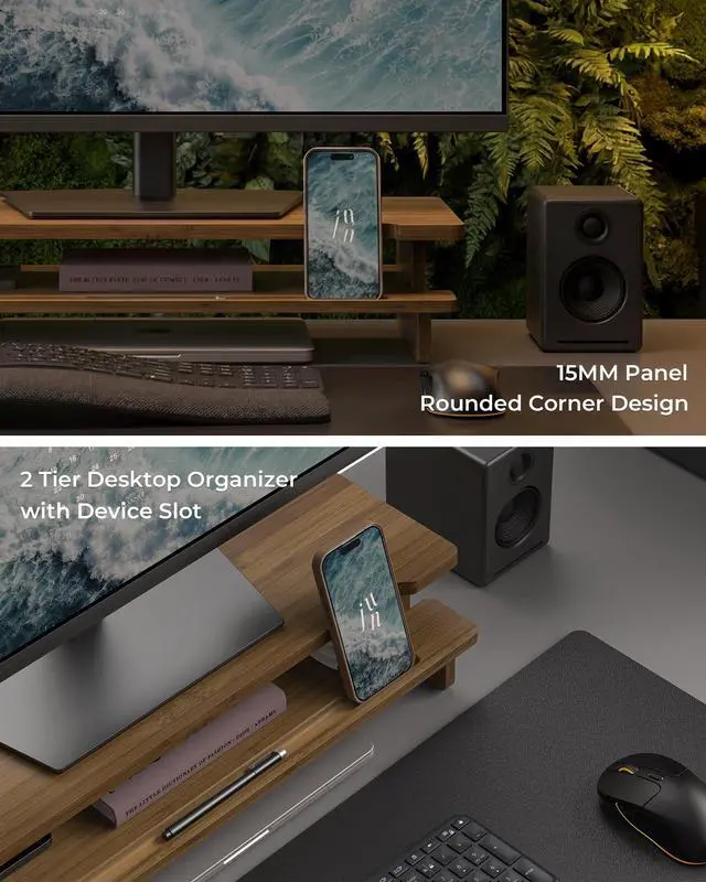 Alt view image 3 of 6 - 23 Monitor Stand with Phone Tablet Holder Bamboo Desk Shelf