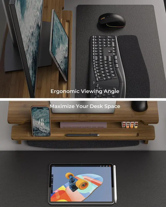 Alt view image 4 of 6 - 23 Monitor Stand with Phone Tablet Holder Bamboo Desk Shelf