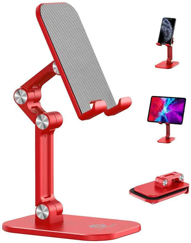 Main image of Phone Stand, Adjustable Height and Angle Foldable Cell Phone Stand Holder for Desk, Taller iPhone Stand Compatible with 4.7"-13" Smartphones iPad Tablet, Red