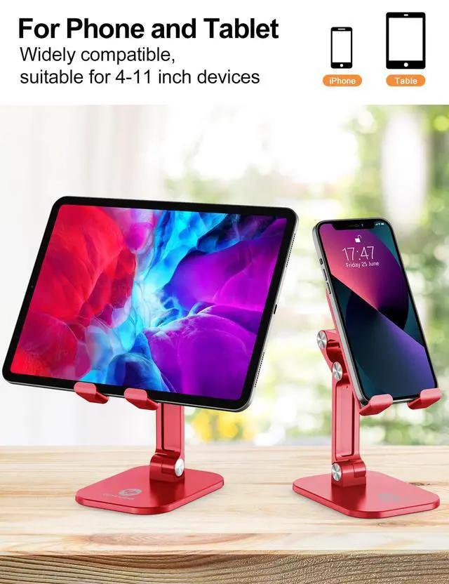 Alt view image 4 of 7 - Phone Stand, Adjustable Height and Angle Foldable Cell Phone Stand Holder for Desk, Taller iPhone Stand Compatible with 4.7"-13" Smartphones iPad Tablet, Red