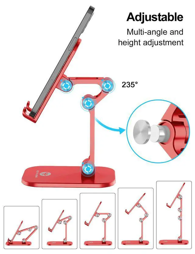 Alt view image 2 of 7 - Phone Stand, Adjustable Height and Angle Foldable Cell Phone Stand Holder for Desk, Taller iPhone Stand Compatible with 4.7"-13" Smartphones iPad Tablet, Red