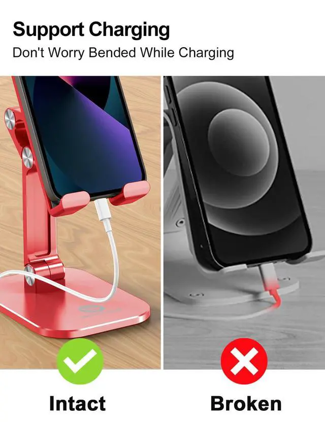 Alt view image 7 of 7 - Phone Stand, Adjustable Height and Angle Foldable Cell Phone Stand Holder for Desk, Taller iPhone Stand Compatible with 4.7"-13" Smartphones iPad Tablet, Red