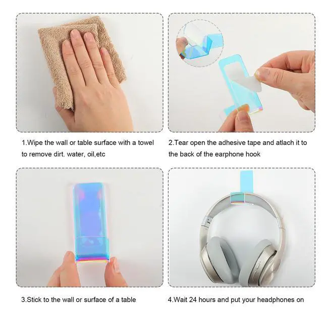 Alt view image 4 of 6 - 4 Pieces Headphone Hanger Headset Stand Holder Adhesive Wall Mount Headphone Hook for Desk Acrylic Gaming Earphones Hanger with Glues for Earphone Controller(Colorful)