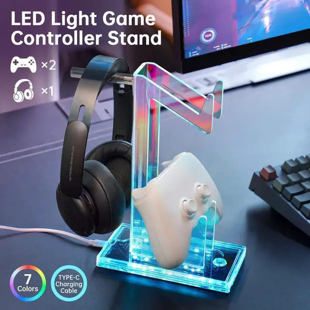 Alt view image 2 of 7 - Controller Holder & Headphone Stand, LED Acrylic 2-Tier Gaming Desk