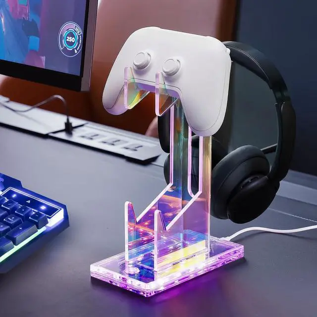 Alt view image 6 of 7 - Controller Holder & Headphone Stand, LED Acrylic 2-Tier Gaming Desk
